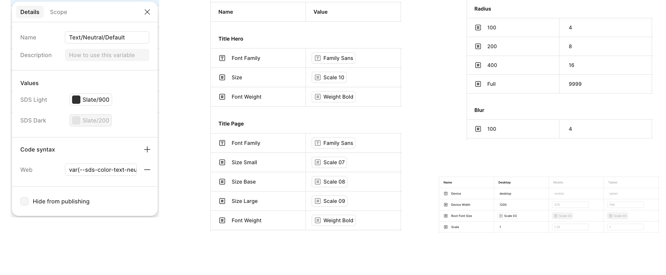 Examples of color, typography, radius, and responsive tokens