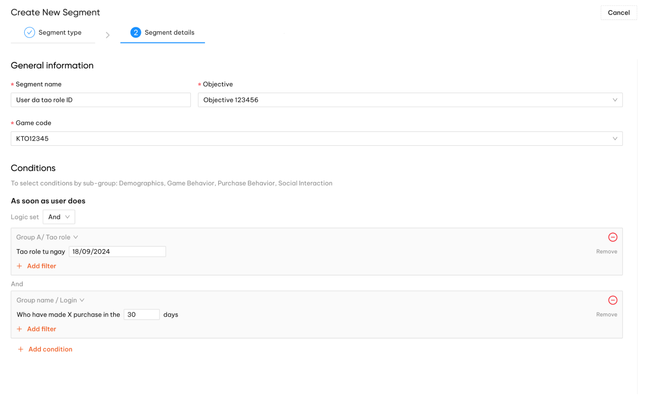 Create New Segment details and conditions interface