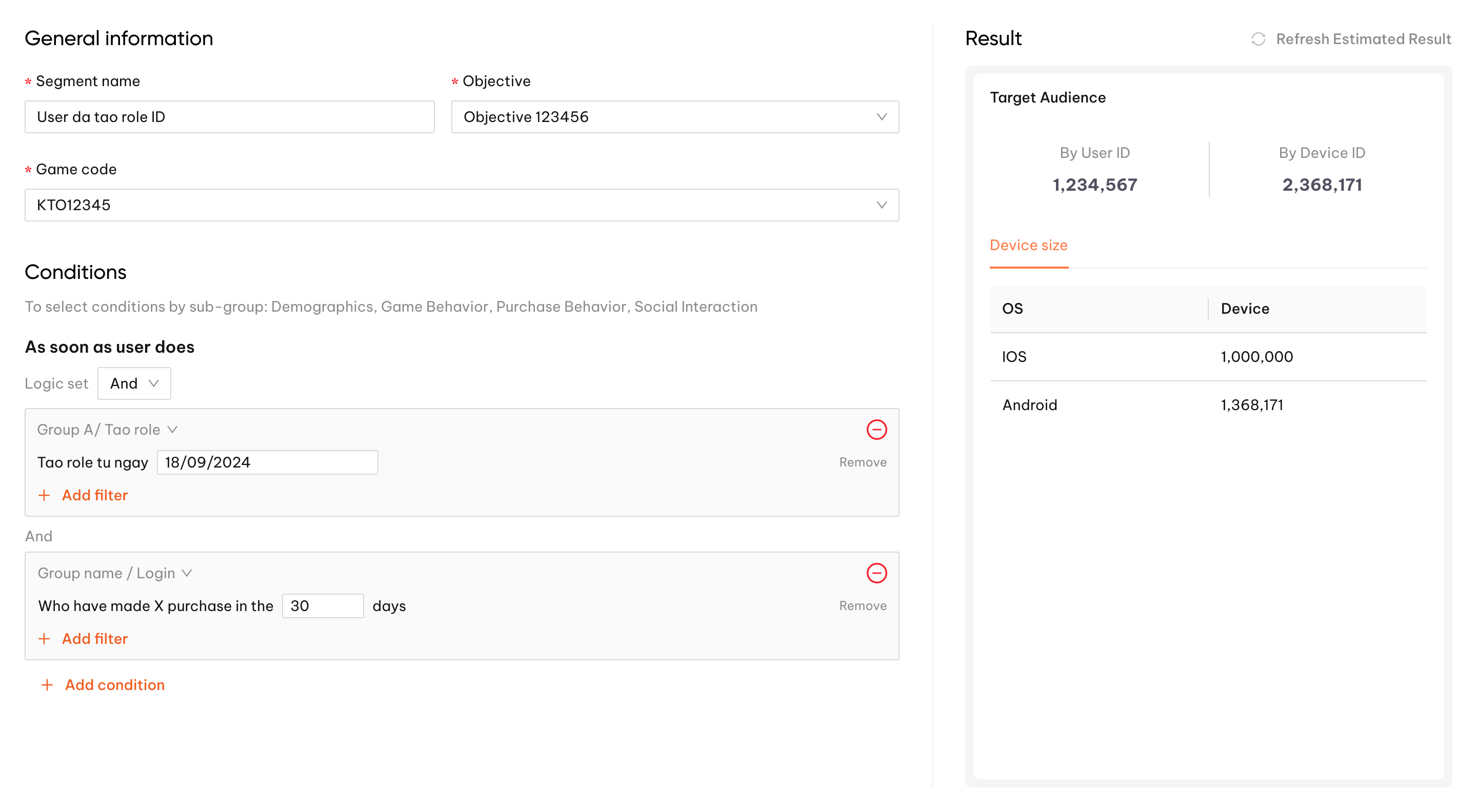 Segment conditions and target audience result